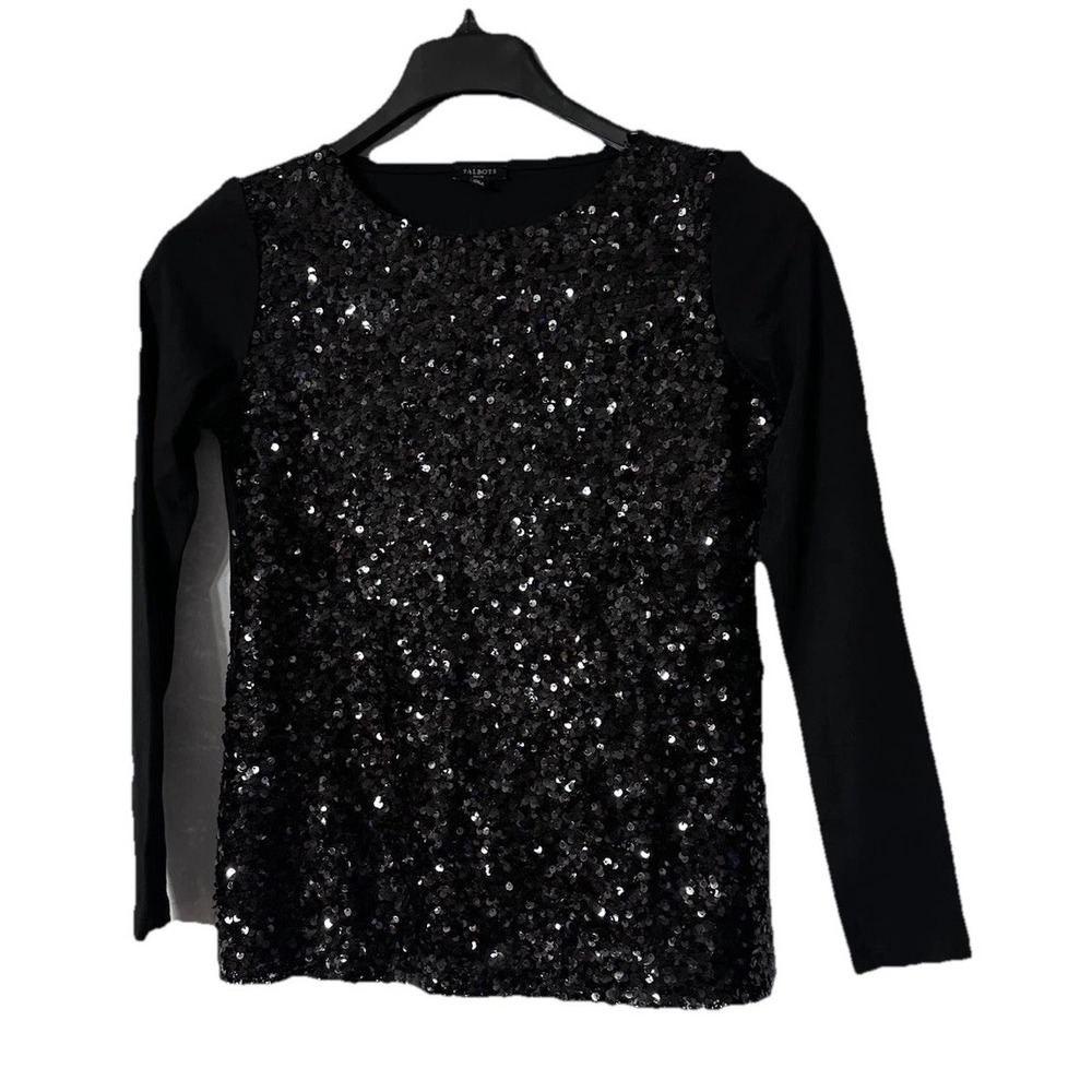 NWT Talbots Womens Long Sleeve Black Sequin‎ Pullover Top Blouse Shirt Size P